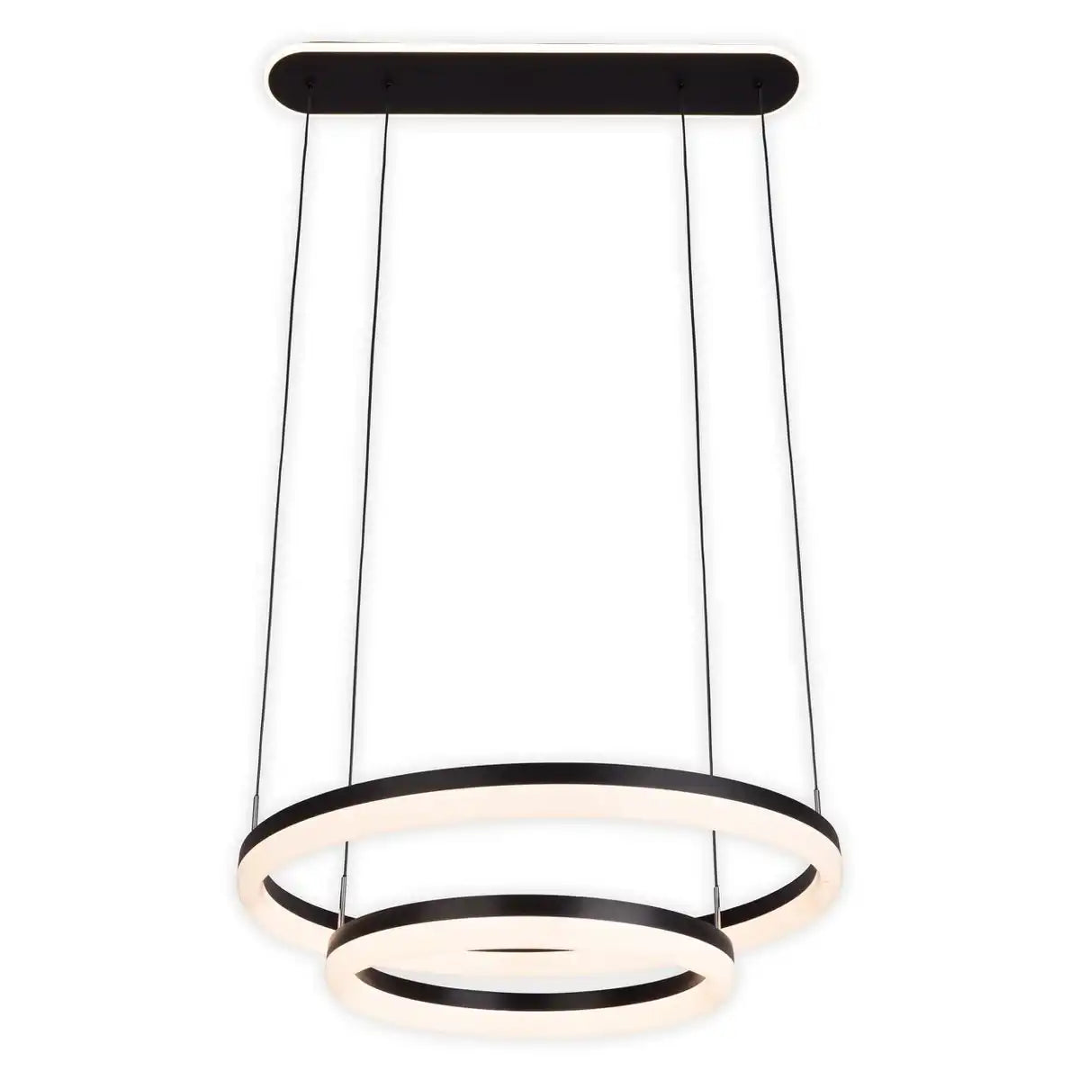LED-CCT-Pendelleuchte "CIRCULO" aus schwarzem Metall und sandfarbenem Kunststoff, mit integrierter LED und vielen Funktionen, Ø 60 cm, 150 cm hoch.