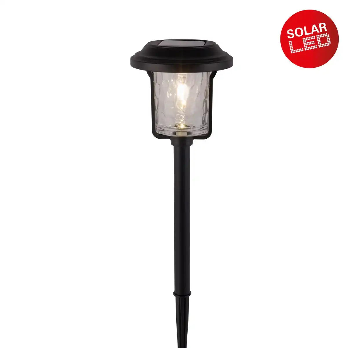 Solar-Deko-Erdspieß "SIMON" 54,7 cm hoch, aus schwarzem Metall und strukturiertem Glas, integrierte LED, warmweiß.