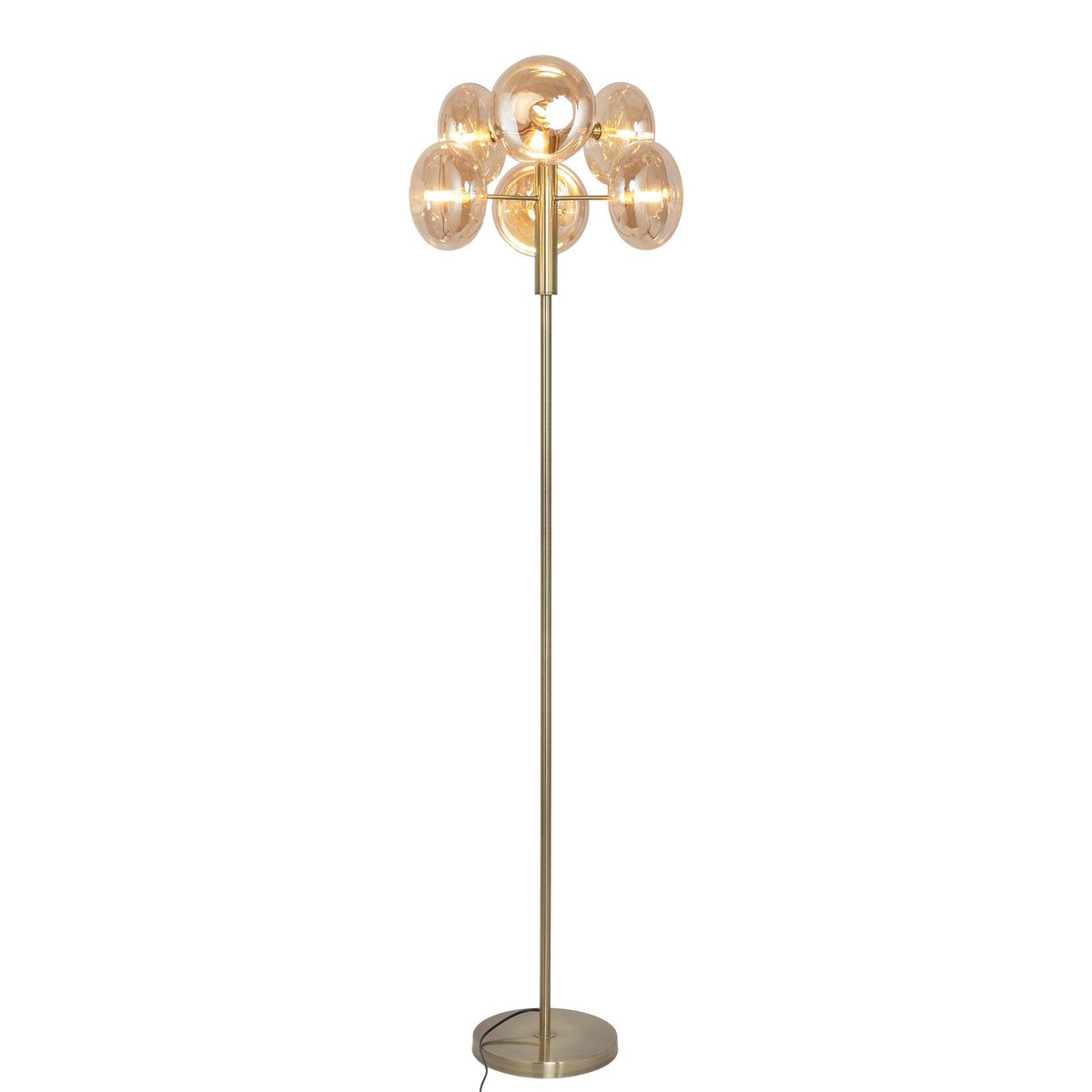 Stehleuchte "ORION" ca. 165 cm hoch, aus messingfarbenem Metall und Glas in amber, G9-Sockel, Beleuchtung für Wohnzimmer, Esszimmer oder Büro.