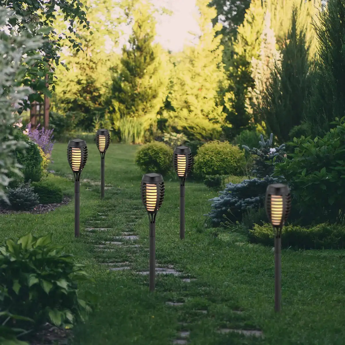 5er Set LED Erdspieß "Fackel" 45 cm aus grauem Kunststoff, mit integrierter LED, Solarleuchte für Außen