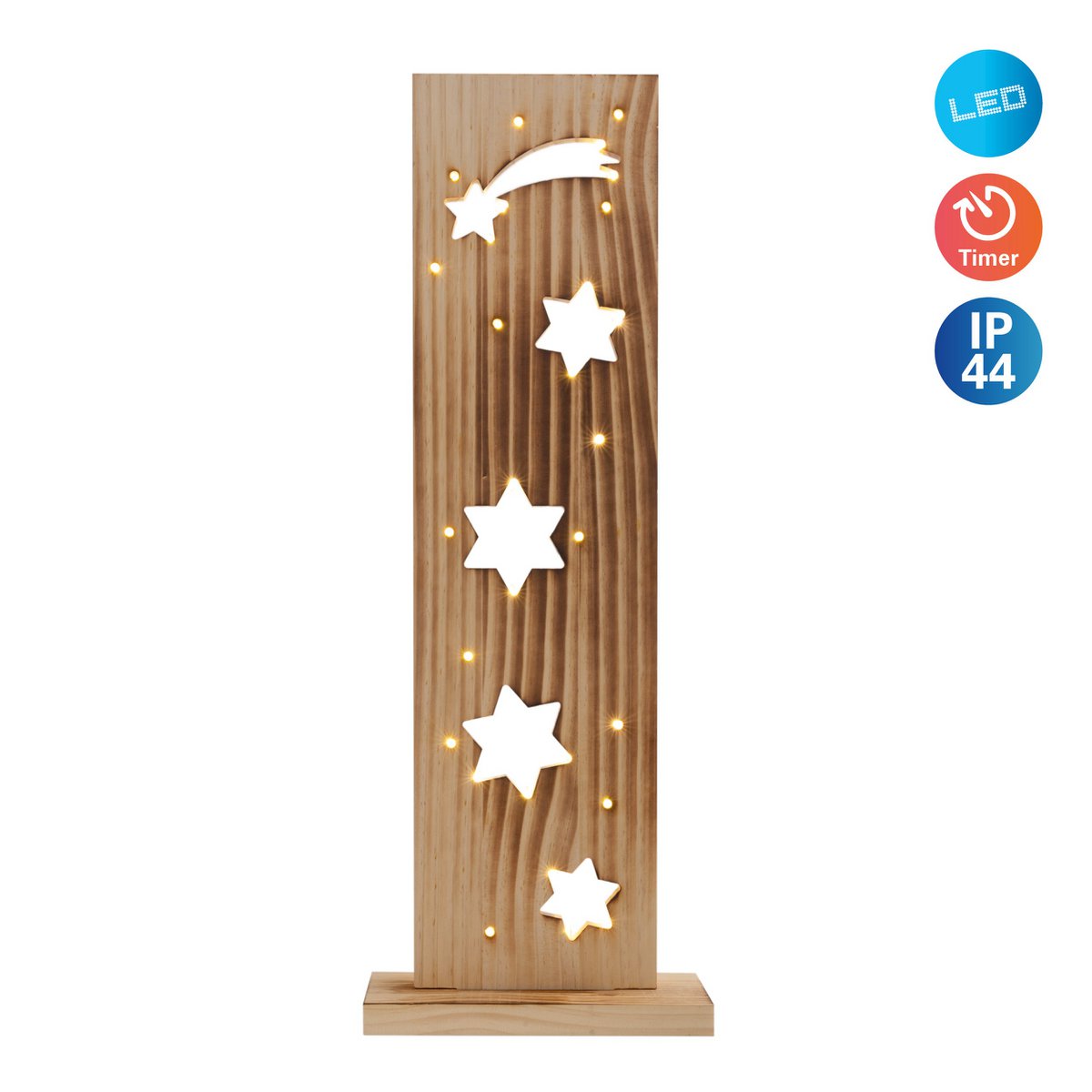 LED-Holz-Dekoleuchte "STERNE", aus naturbelassenem Holz mit festverbauten LEDs, Weihnachtsdekoration für Außen