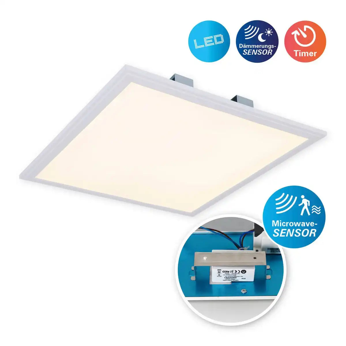 LED-Sensor-Panel "ALEGRE" Seitenlänge 45 cm, viele Funktionen, Aufbauleuchte inkl. Halterung aus Metall und Kunststoff, integrierte LEDs warmweiß