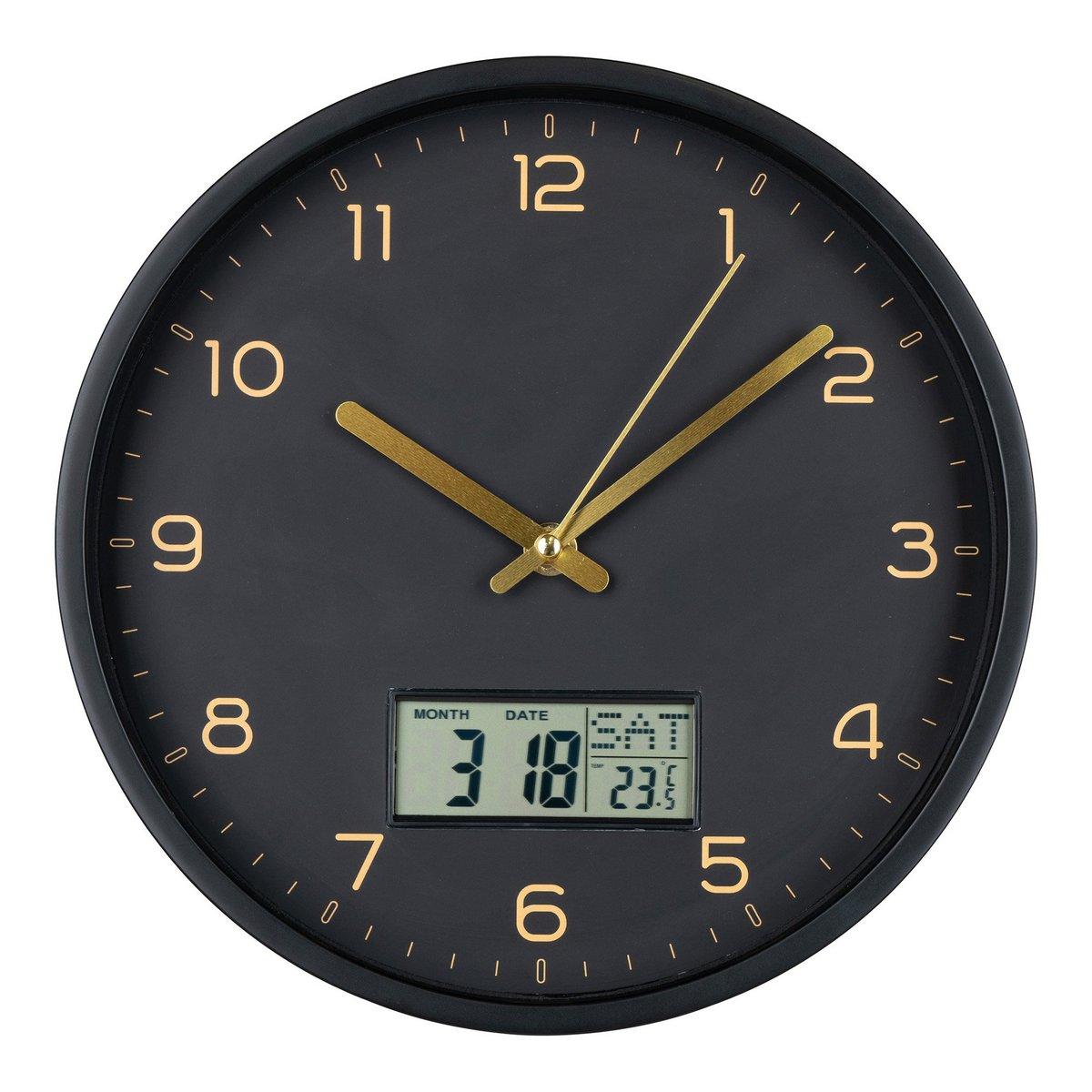 Amiens Wanduhr - Schwarz, Kunststoff, Glas, LCD, Ø25cm