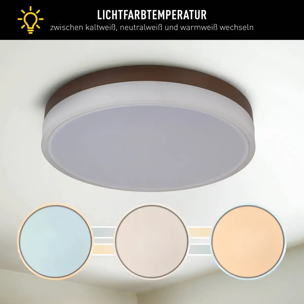 LED Deckenleuchte "Lola" Ø von 50 cm, 9 cm hoch, Metall und Kunststoff in Braun und Weiß, integrierte LEDs, 1900 lm, dimmbar, CCT-Funktion 3000-6500 K, Nachtlichtfunktion