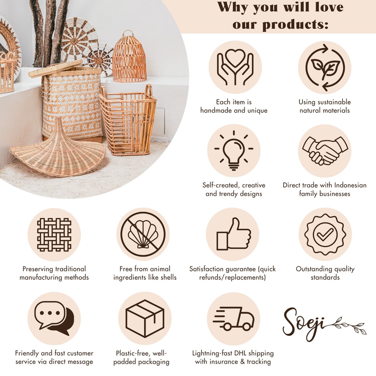 Geflochtene Rattanvase rund – Große Boho Dekovase – Vase hoch & schmal – Bodenvase handgefertigt aus Naturfasern (Ø 30 cm) KIDUNG