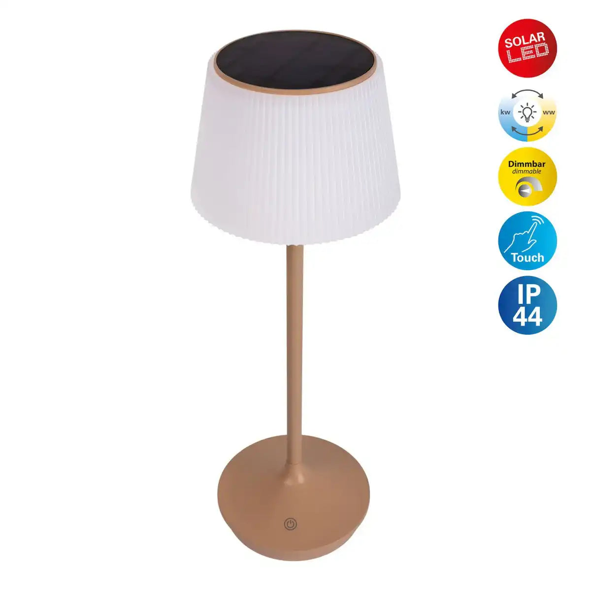 Solar-Akkutischleuchte "EMMI" 38 cm hoch, Schirm Ø 13 cm, Metall in Almond und weißer Kunststoff, für den Außenbereich, dimmbar CCT.