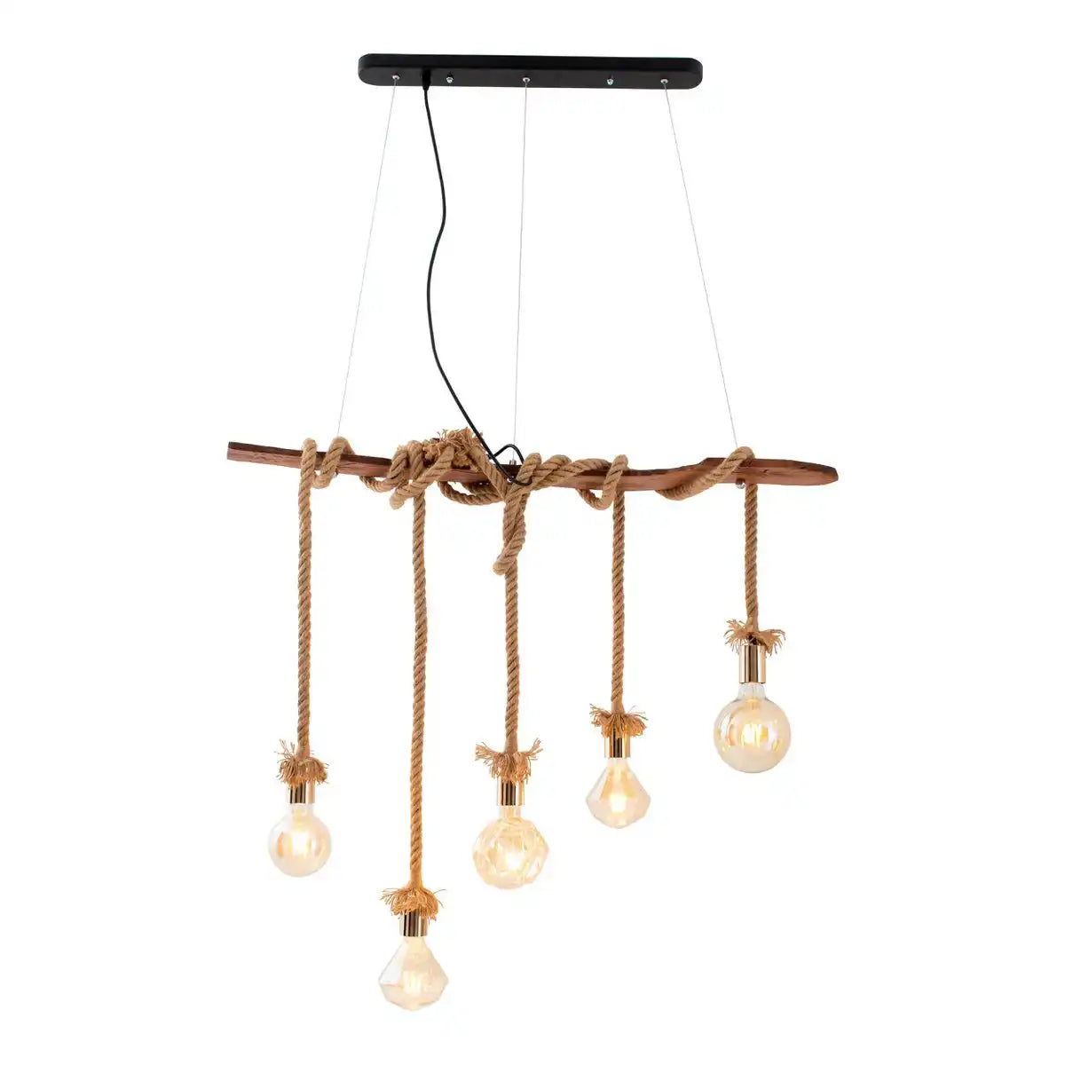 Pendelleuchte "ROPE" 5flg. Pendellampe aus Holz und Seil in natur, E27-Fassung, Beleuchtung für Wohnzimmer oder Büro