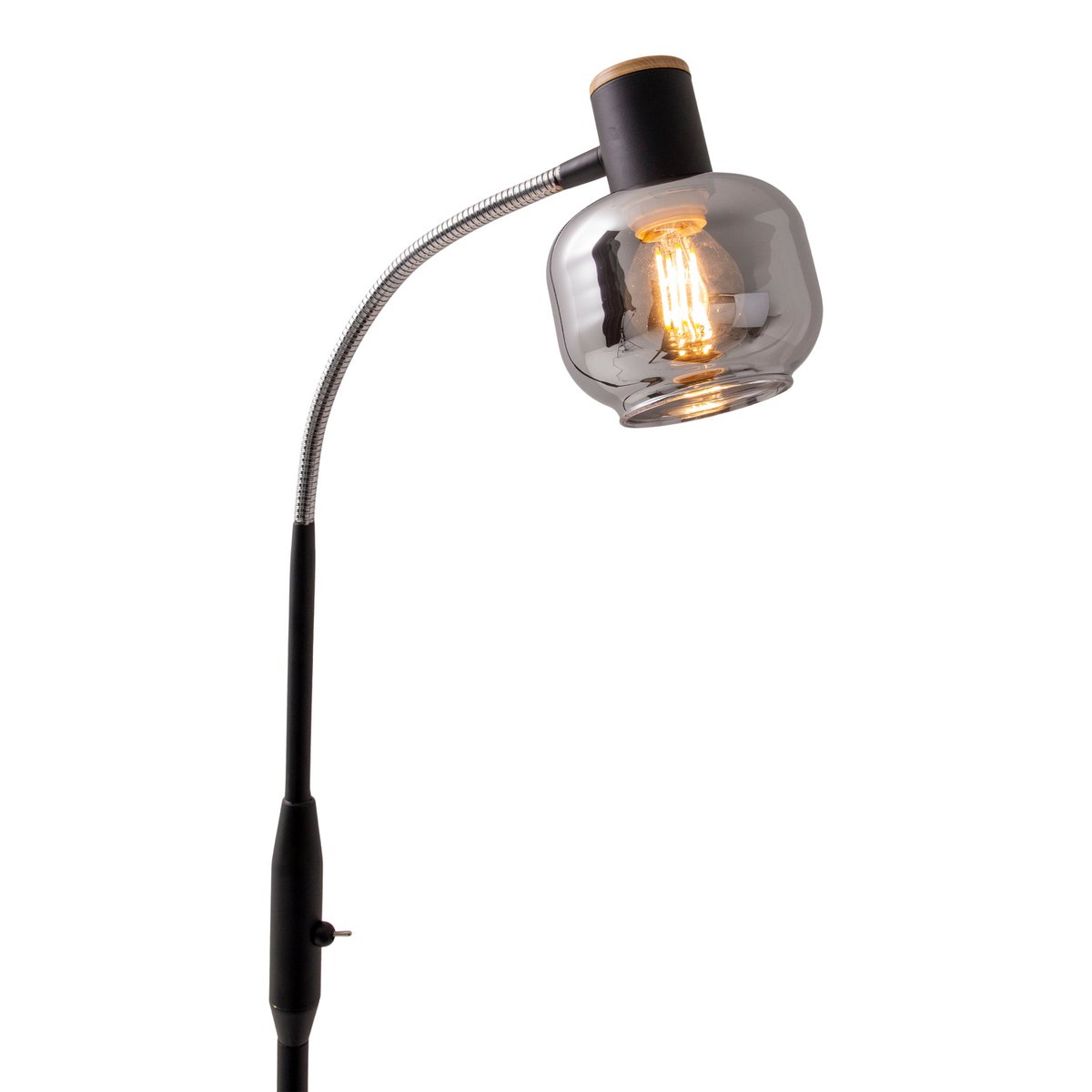 Glas-Stehleuchte "FUMOSO", Stehlampe aus Metall und Glas in Schwarz,, mit E14-Fassung, für Esszimmer, Wohnzimmer, Diele oder Büro, Stehlampe innen, 150 cm hoch.