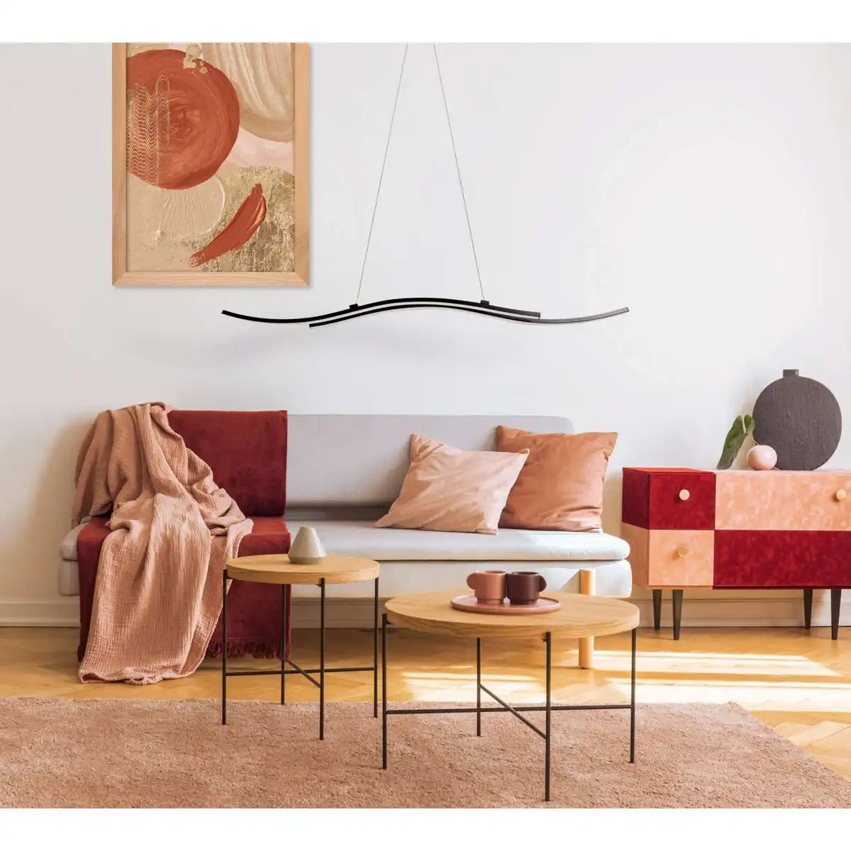 LED-Pendelleuchte "ONDA", Hängelampe aus Metall und Kunststoff in Schwarz, mit fest verbauten LEDs, Beleuchtung für Wohnzimmer, Esszimmer oder Büro, 96 cm lang