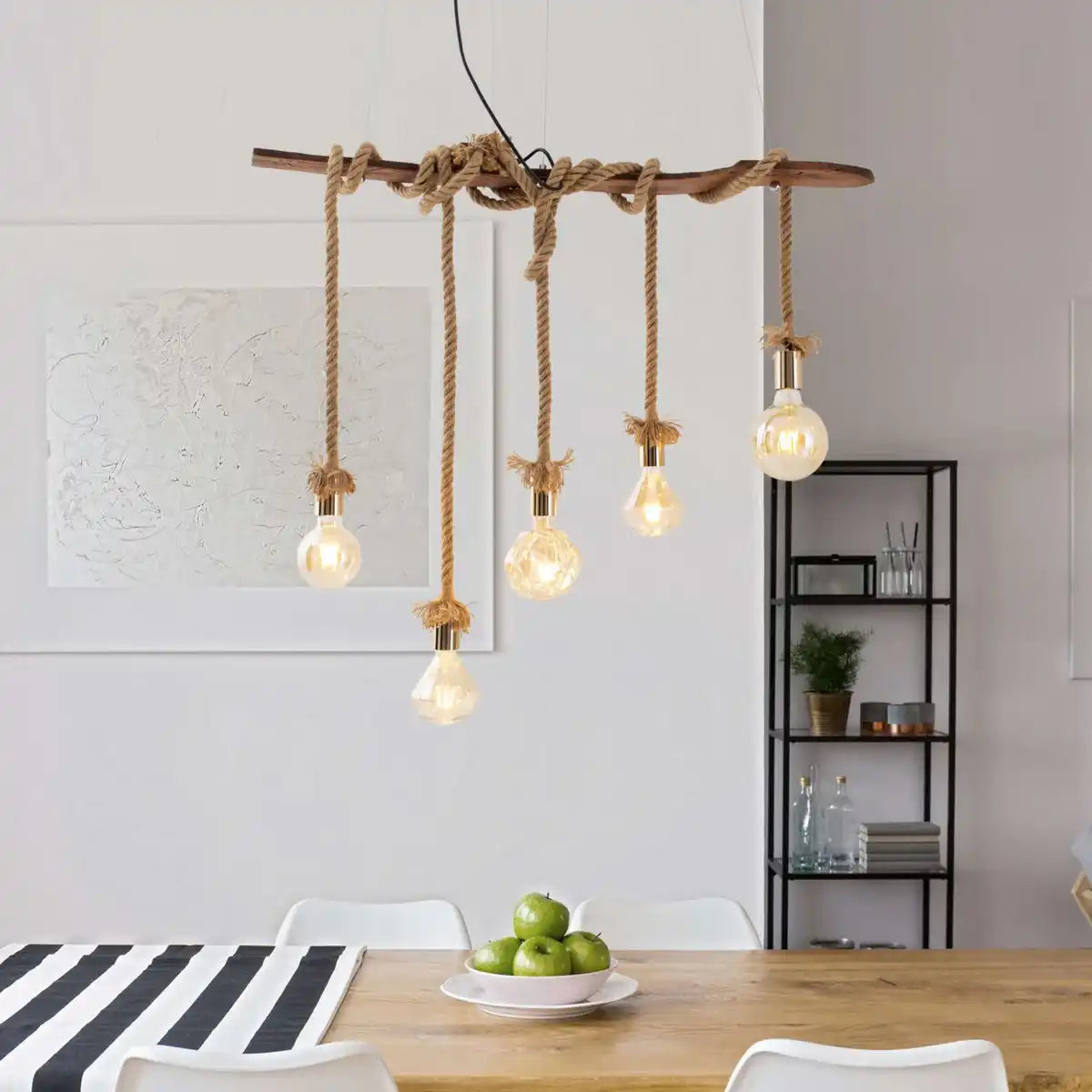 Pendelleuchte "ROPE" 5flg. Pendellampe aus Holz und Seil in natur, E27-Fassung, Beleuchtung für Wohnzimmer oder Büro