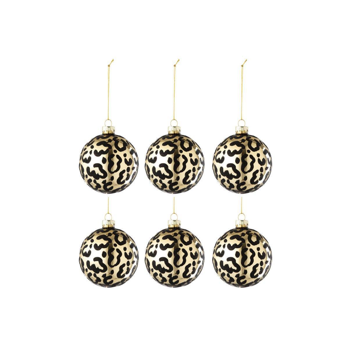 J-Line Box mit 6 Weihnachtskugeln, Leopardenmuster, Glas, Gold/Schwarz