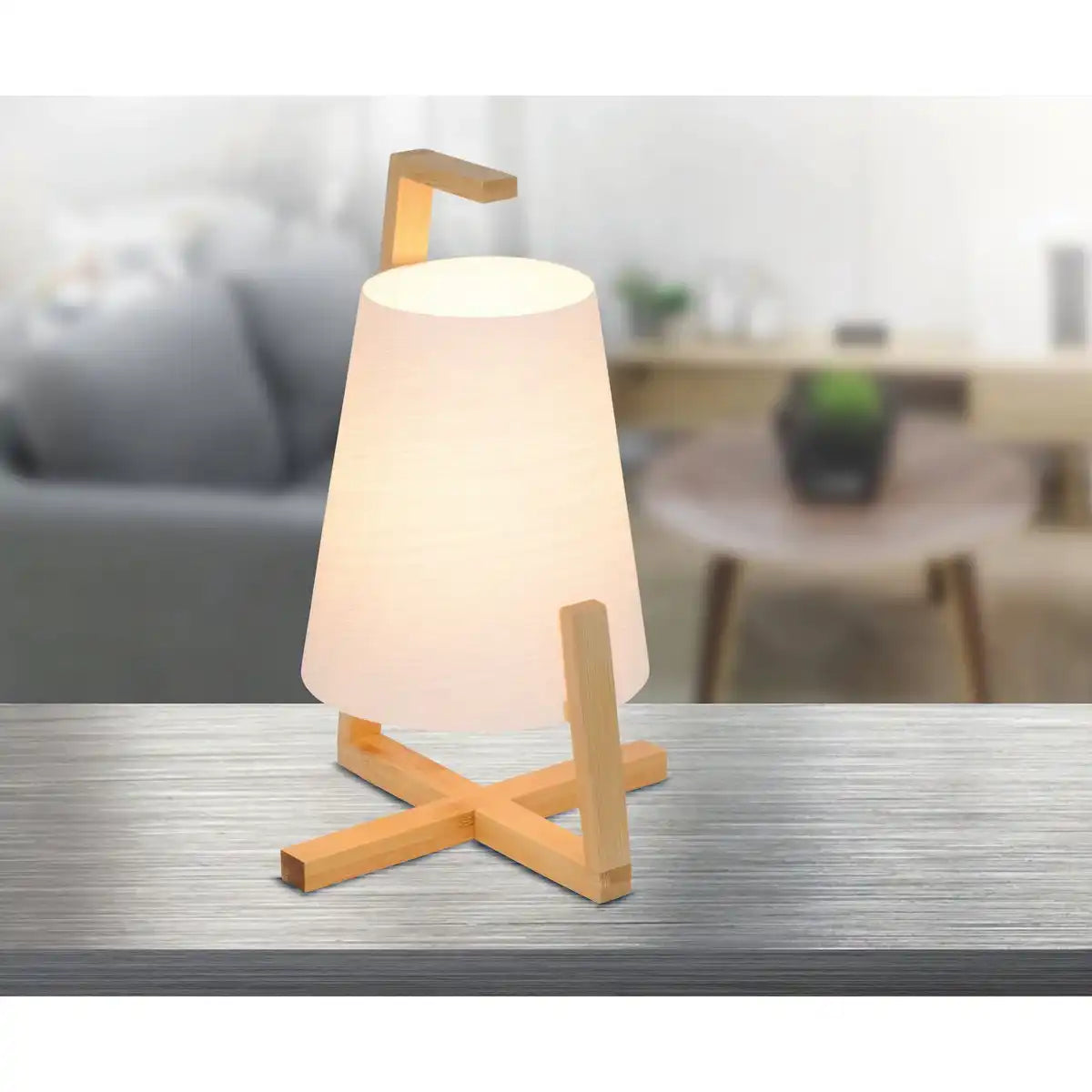 Bambus Tischleuchte mit Kunststoffschirm "SHOJI", mit Bambusgestell, natur und weiß, ca, 32 cm hoch, E14, für Wohnzimmer, Esszimmer und Büro