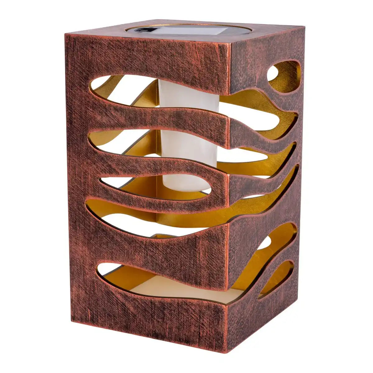 LED Deko-Solarleuchte "HILDA", 12,3 x 12,3 cm, 20 cm hoch, aus hochwertigem Kunststoff, innen Gold, außen gold-braunes Metall-Finish, integrierte LED, warmweiß