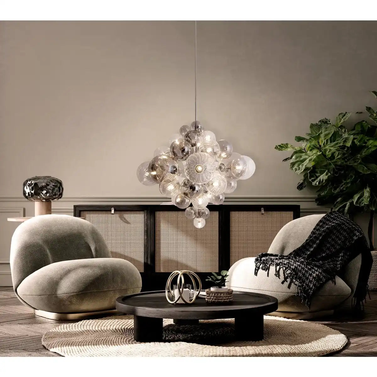 Pendelleuchte "SPHERE" Ø 75cm, au s Metall und Glas mit verschiedenen Strukturen, Beleuchtung für Wohnzimmer, Esszimmer oder Büro.