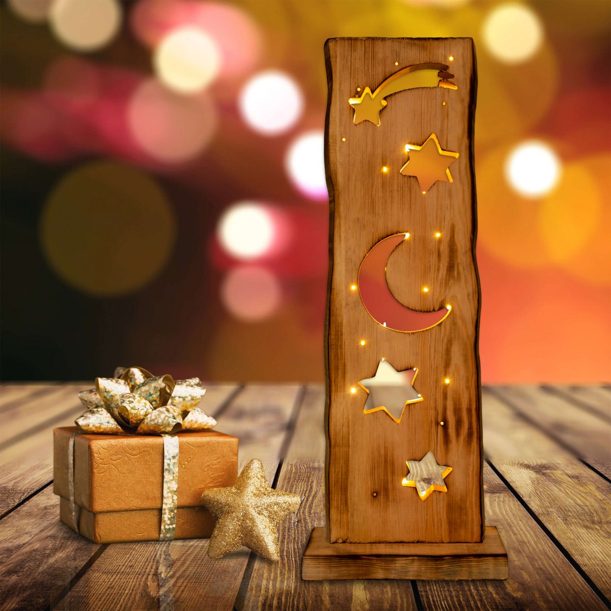 LED-Holz-Dekoleuchte Mond/Sterne 60 cm hoch Weihnacht-Deko aus Holz mit fest verbauten LEDs