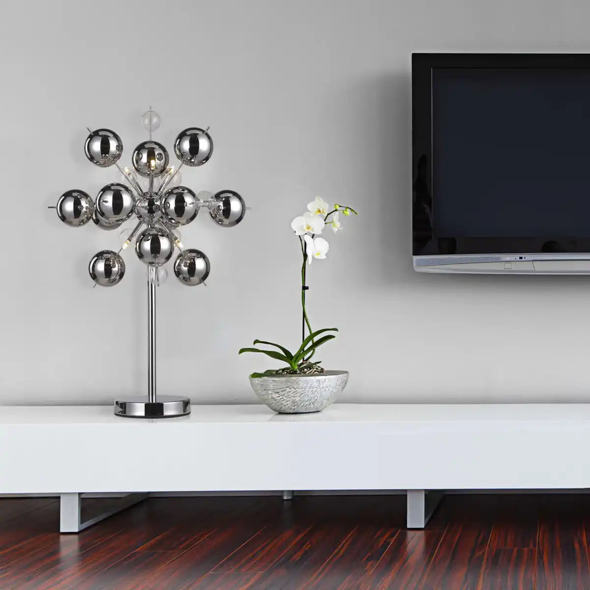 Tischleuchte "EXPLOSION", Tischlampe aus Metall und Glas, Chrome, G9, Tischlampe 73 cm hoch
