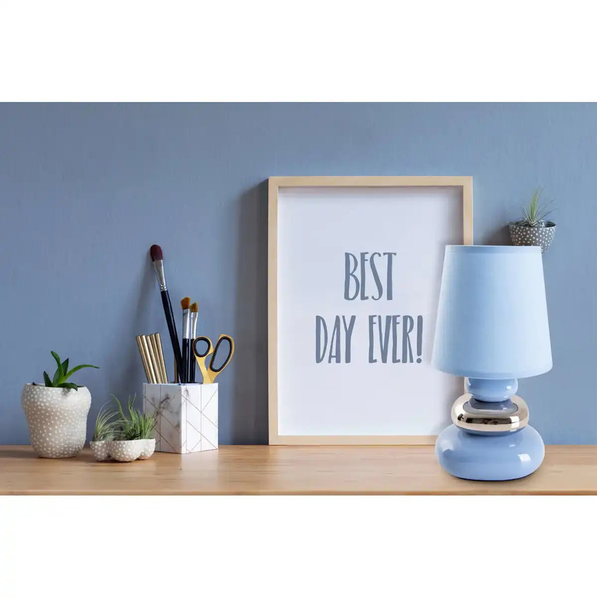 Keramik Tischleuchte "STONEY", Tischlampe aus Keramik, blau, mit E14-Fassung, Tischlampe für Esszimmer, Wohnzimmer, Diele oder Büro, oder als Nachttischlampe, 31 cm hoch