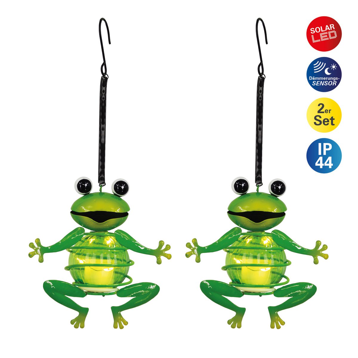 2er Set Solar-Deko-Hängeleuchte "Frosch" ca. 20 cm hoch, aus bemaltem Eisen, inkl. Dämmerungssensor;
