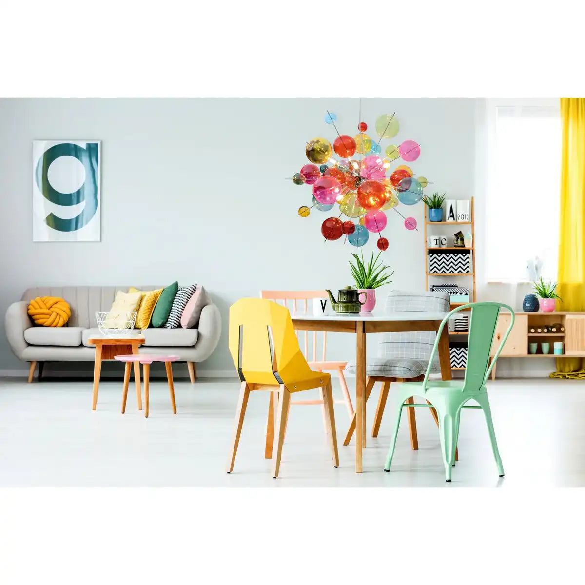 Pendelleuchte "EXPLOSION" bunt aus Metall und Glas, G9 Fassungen, Hängelampe für Esszimmer, Wohnzimmer, Diele oder Büro, Øca. 65 cm