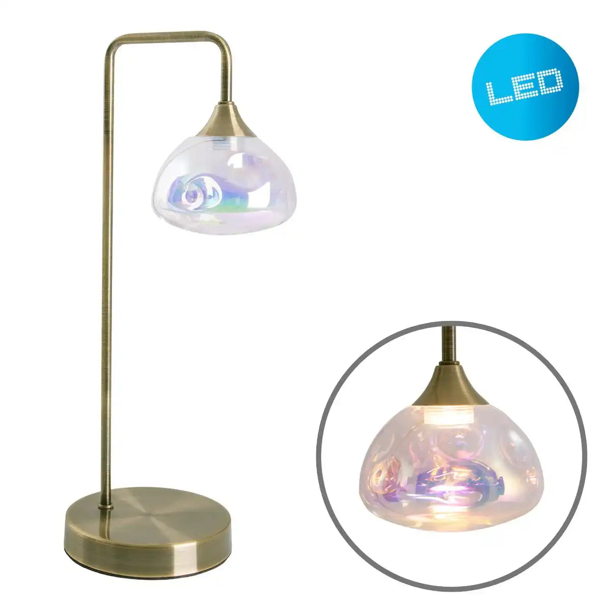 LED Tischleuchte "VARNA", Tischlampe aus messingfarbenem Metall und irisierendem Glas, fest verbaute LEDs, 45 cm hoch, stilvolle Beleuchtung für Wohnzimmer, Esszimmer oder Diele
