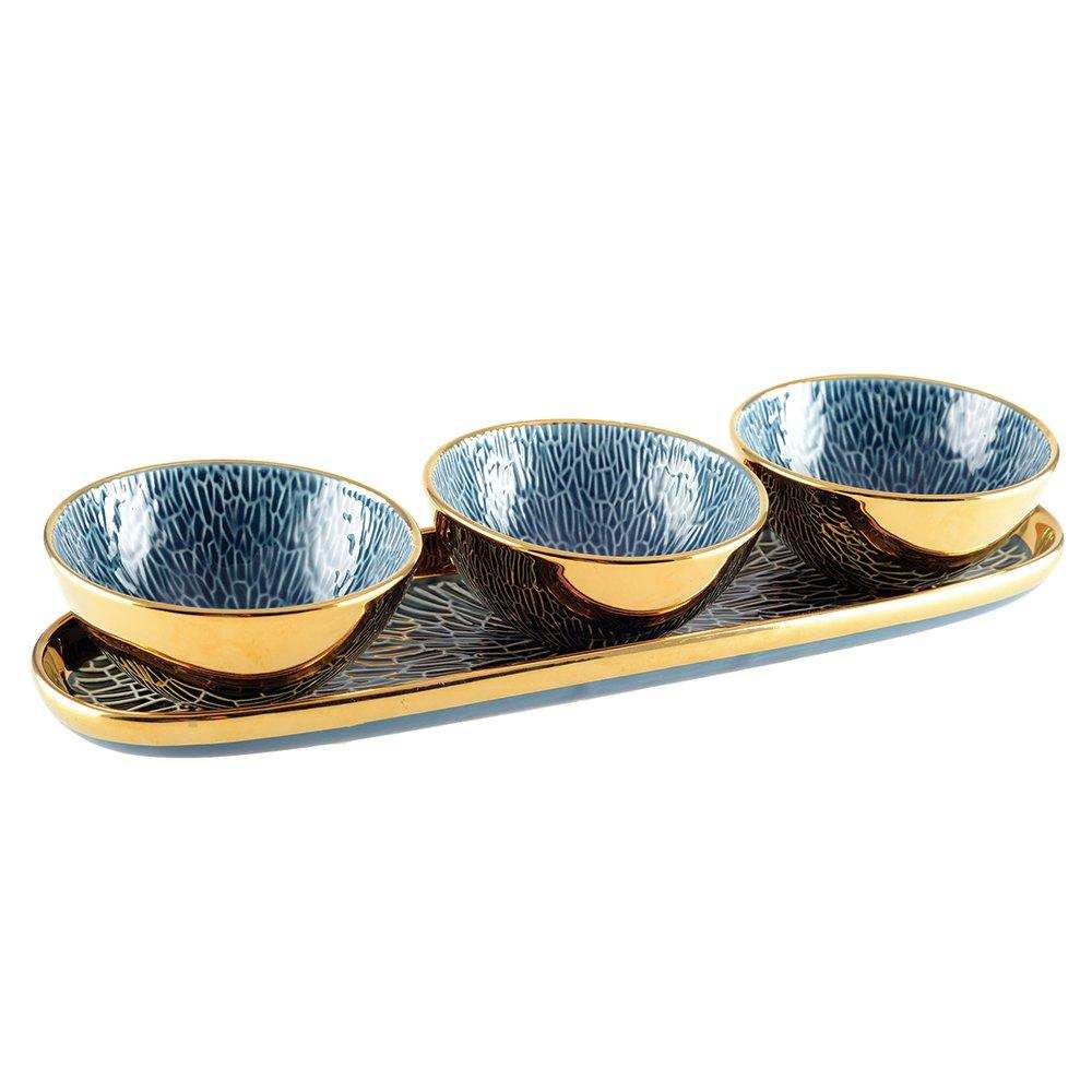 APERITIF-SET 3 BECHER AUF BLAUEM UND GOLDENEM TABLETT - HomeDesign Knaus