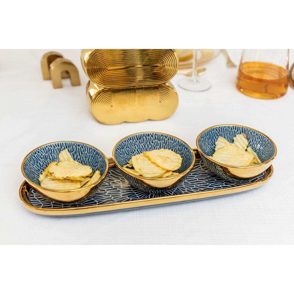 APERITIF-SET 3 BECHER AUF BLAUEM UND GOLDENEM TABLETT - HomeDesign Knaus