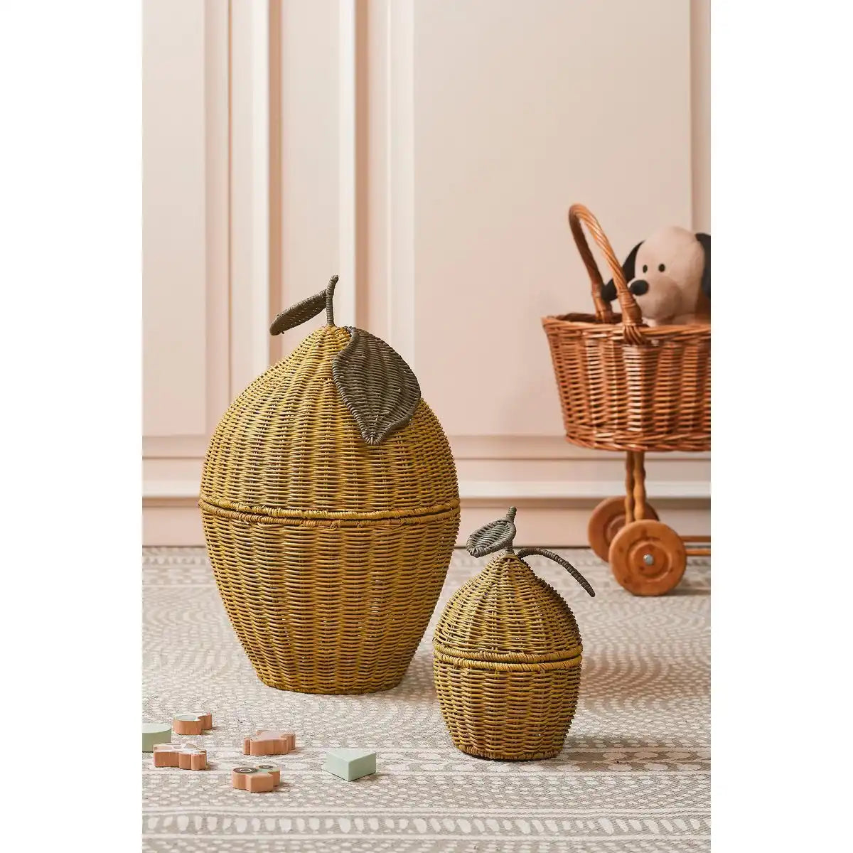 Aufbewahrungskorb mit Deckel – 2er-Set – H48 x Ø30 cm – Rattan – Gelb - HomeDesign Knaus
