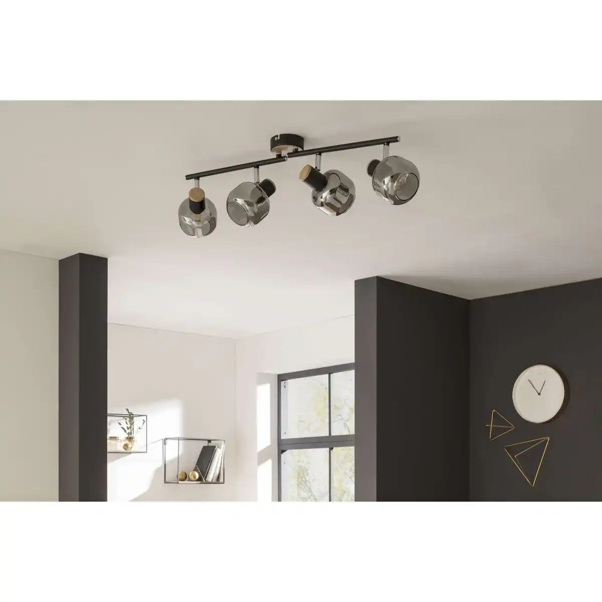 4er Spot Deckenleuchte "FUMOSO", Deckenlampe aus Metall und Rauchglas in Schwarz, mit E14-Fassung, für Esszimmer, Wohnzimmer, Diele oder Büro, 80 x 20 cm