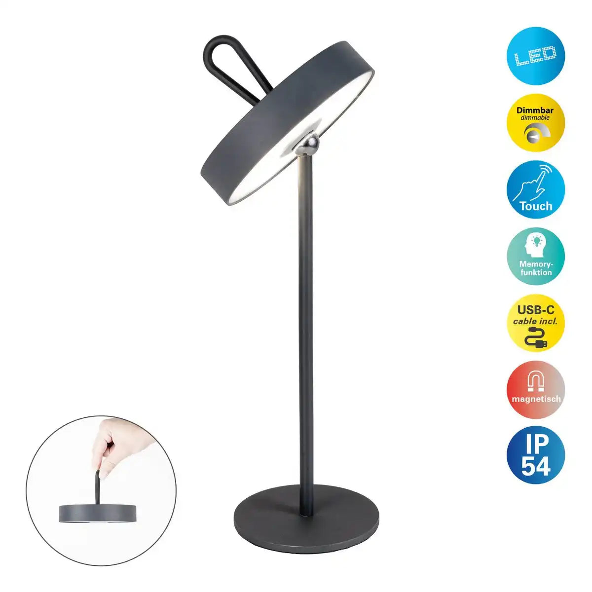 LED-Akku-Tischleuchte magnetisch "ELLA" für Außen und Innen, aus Metall und Kunststoff in Grau , 35 cm hoch