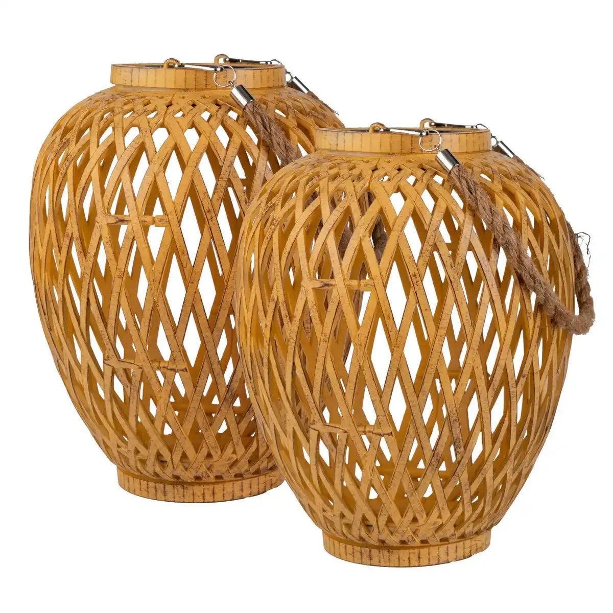 2er Set Korb- / Solardekoleuchte "Cesto", aus naturfarbenem Kunstrattan, mit Dämmerungssensor, warmweiß, 24 cm hoch, für den Außenbereich
