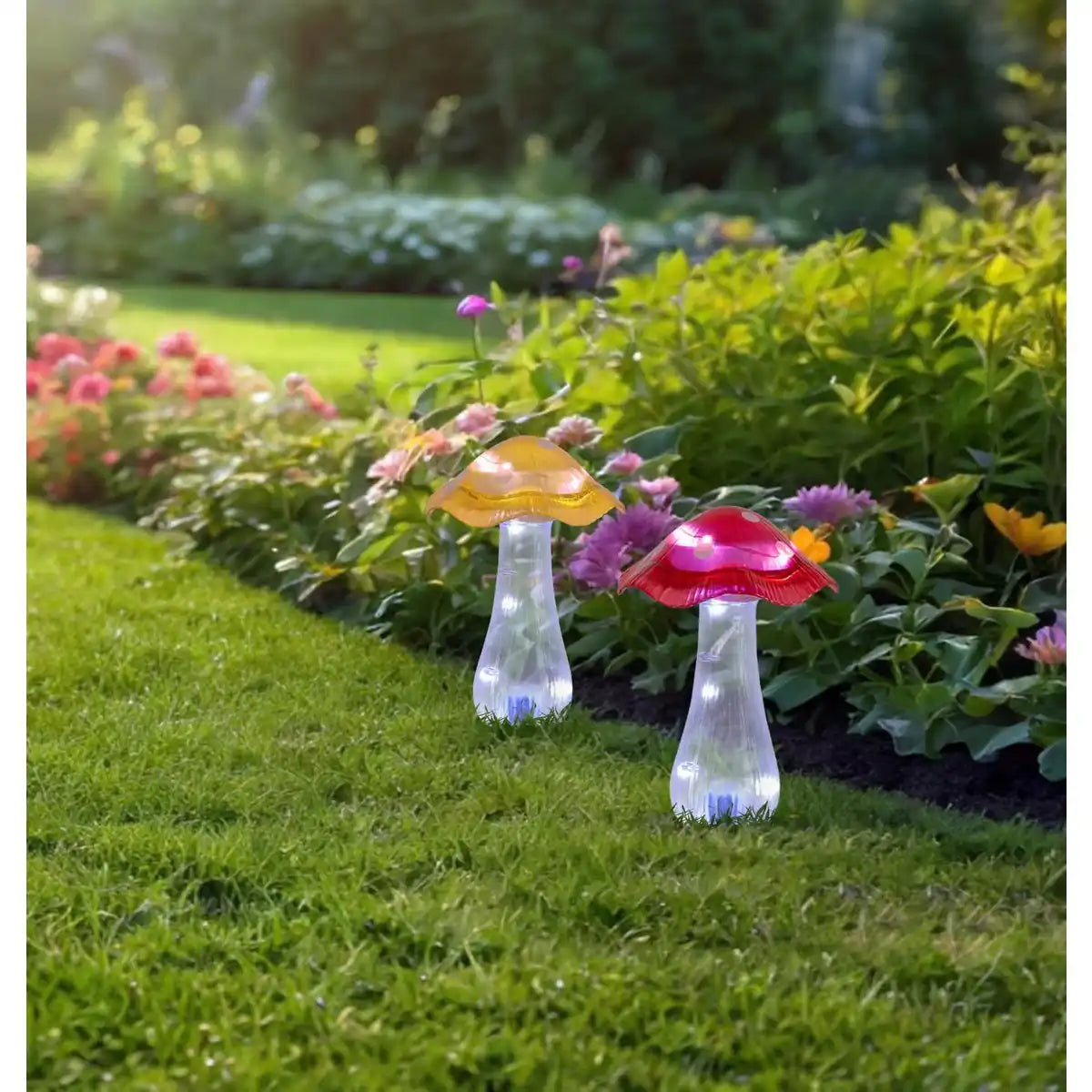 Solar-Dekoerdspieße 2er Set "MANTAR" Ø 13 cm, 29 cm hoch, transparenter Kunststoff in Rot, Gelb und Klar, integrierte LEDs, kaltweiß