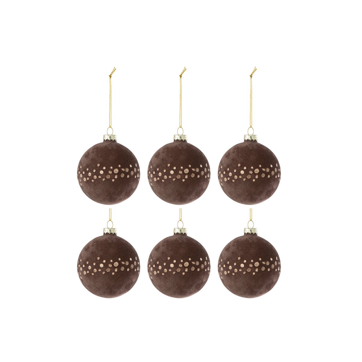 J-Line Box mit 6 Weihnachtskugeln, Punkte, Samtbraun/Gold