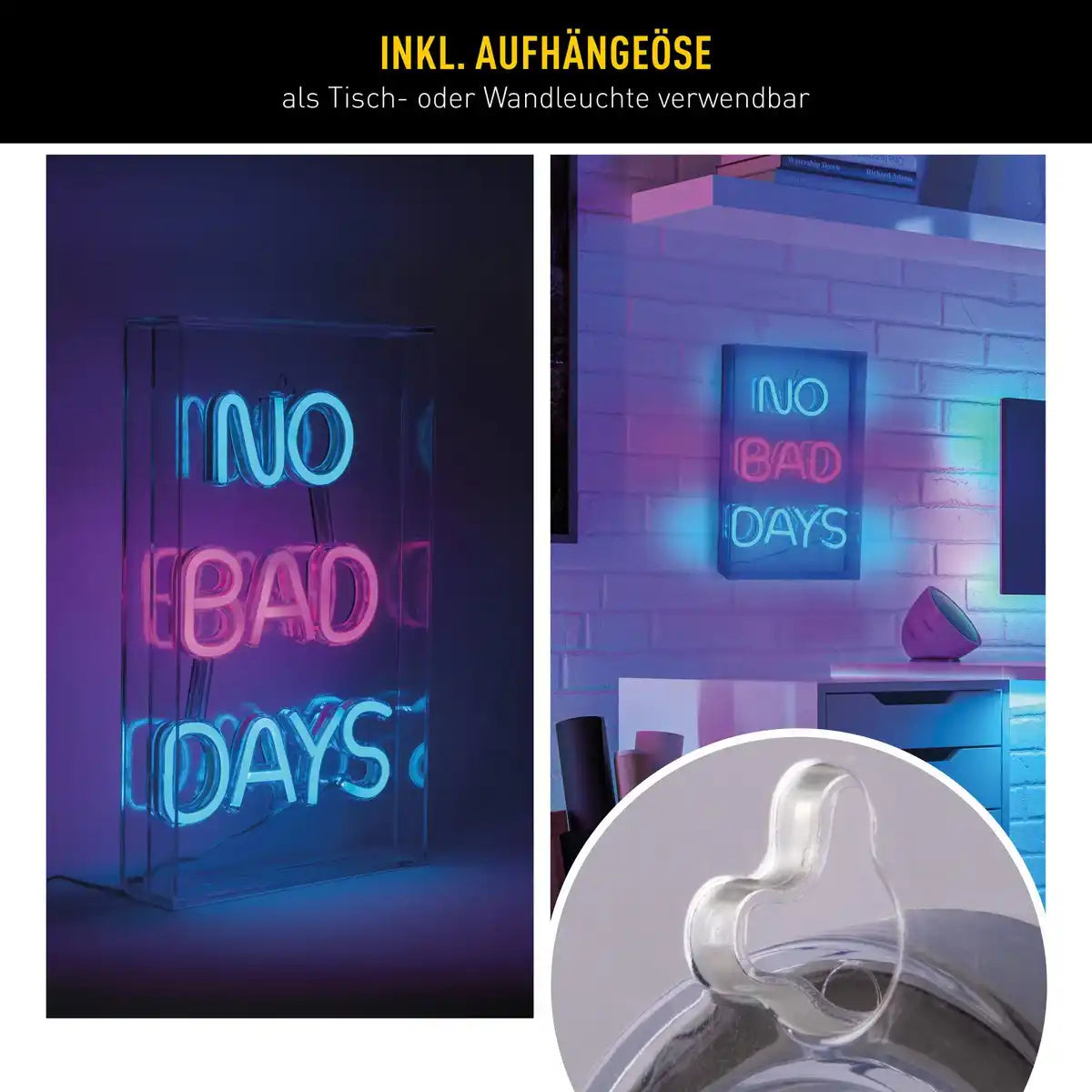 LED Schriftleuchte "NO BAD DAYS" Deko für Innen 30 x 18 cm, in blau und magenta-rot