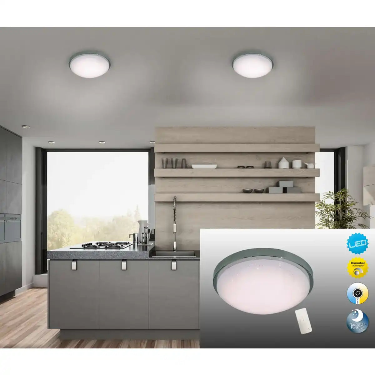 LED Wand u. Deckenleuchte "CATANIA" Ø 29 cm, chromfarbenes Metall, weißer Kunststoff (PMMA), dimmbar, Kristalleffekt, Memoryeffekt, Nachtlicht
