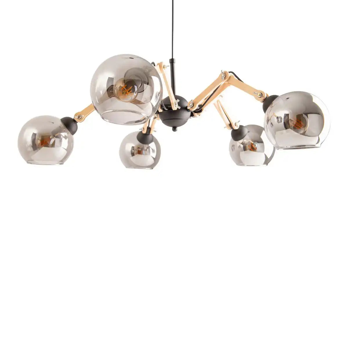 5er Glas-Pendelleuchte "SOITO" Hängelampe aus Metall, Glas und Gummibaumholz, mit E14-Fassung, für Esszimmer, Wohnzimmer, Diele oder Büro, 80 cm Durchmesser
