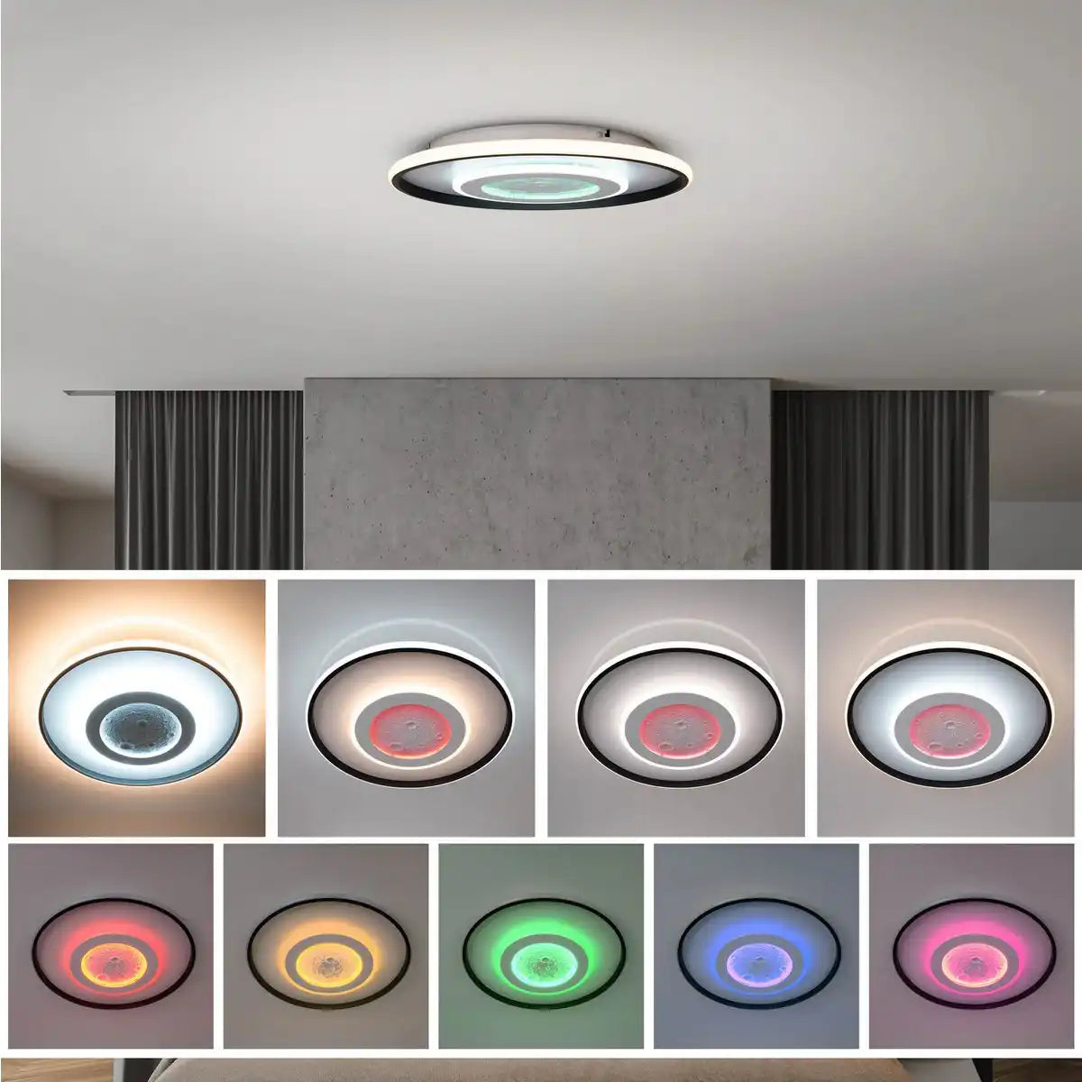 LED Deckenleuchte CCT / RGB mit Mondstruktur, Ø 50 cm, viele Funktionen, aus Metall und Kunststoff, inkl. Fernbedienung