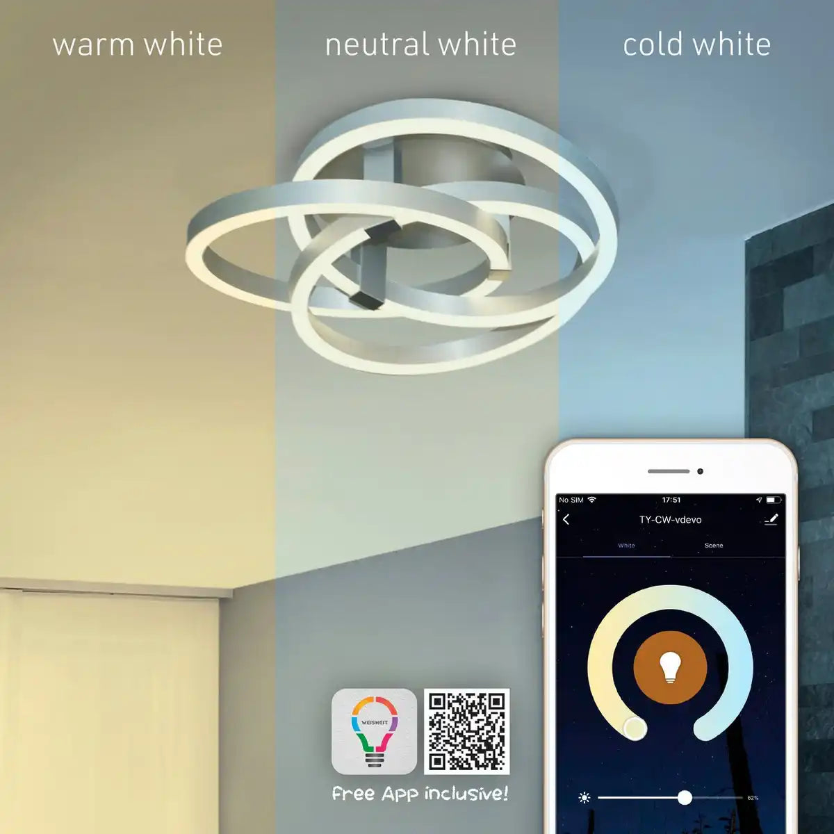 Smart Home LED Deckenleuchte "DIVORA" Ø 70 cm, Deckenlampe aus Metall, Aluminium gebürstet und weißem Kunststoff, mit vielen Funktionen, fest verbauten LEDs, Beleuchtung für Wohnzimmer, Esszimmer Büro oder Diele