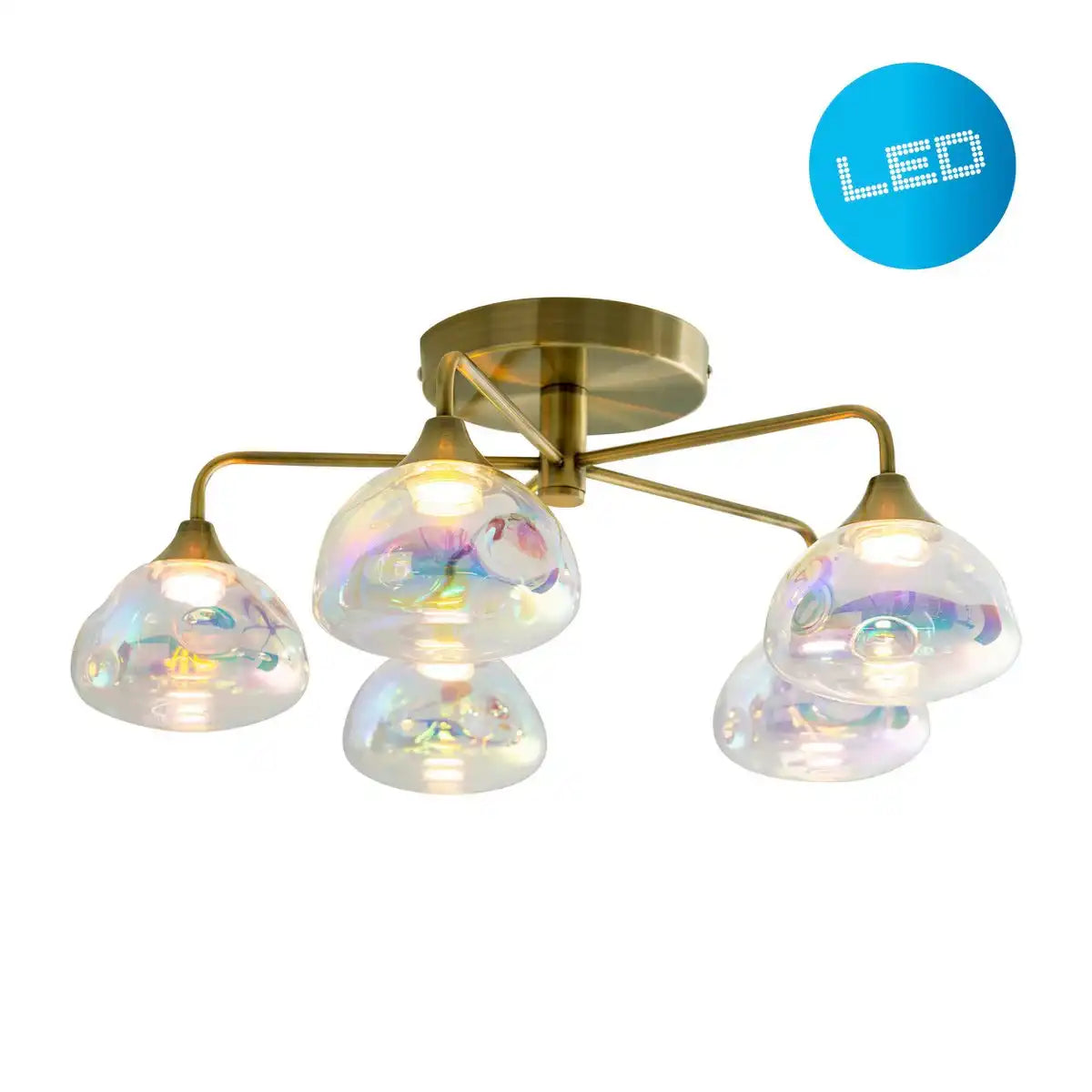 LED Deckenleuchte 5-flammig "VARNA", Deckenlampe aus messingfarbenem Metall und irisierendem Glas, mit fest verbauten LEDs, 50 cm Durchmesser, stilvolle Beleuchtung für Wohnzimmer, Esszimmer oder Diele