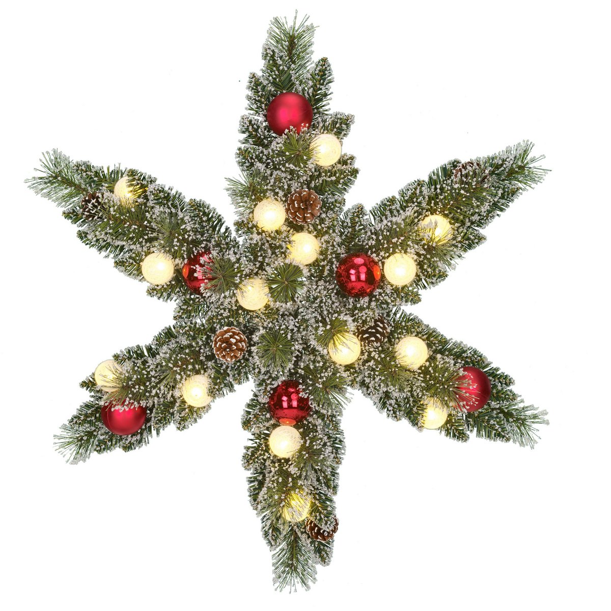 Weihnachtskranz Stern mit warmweißer LED-Beleuchtung – Ø60 cm – Grün gefrostet, Rot