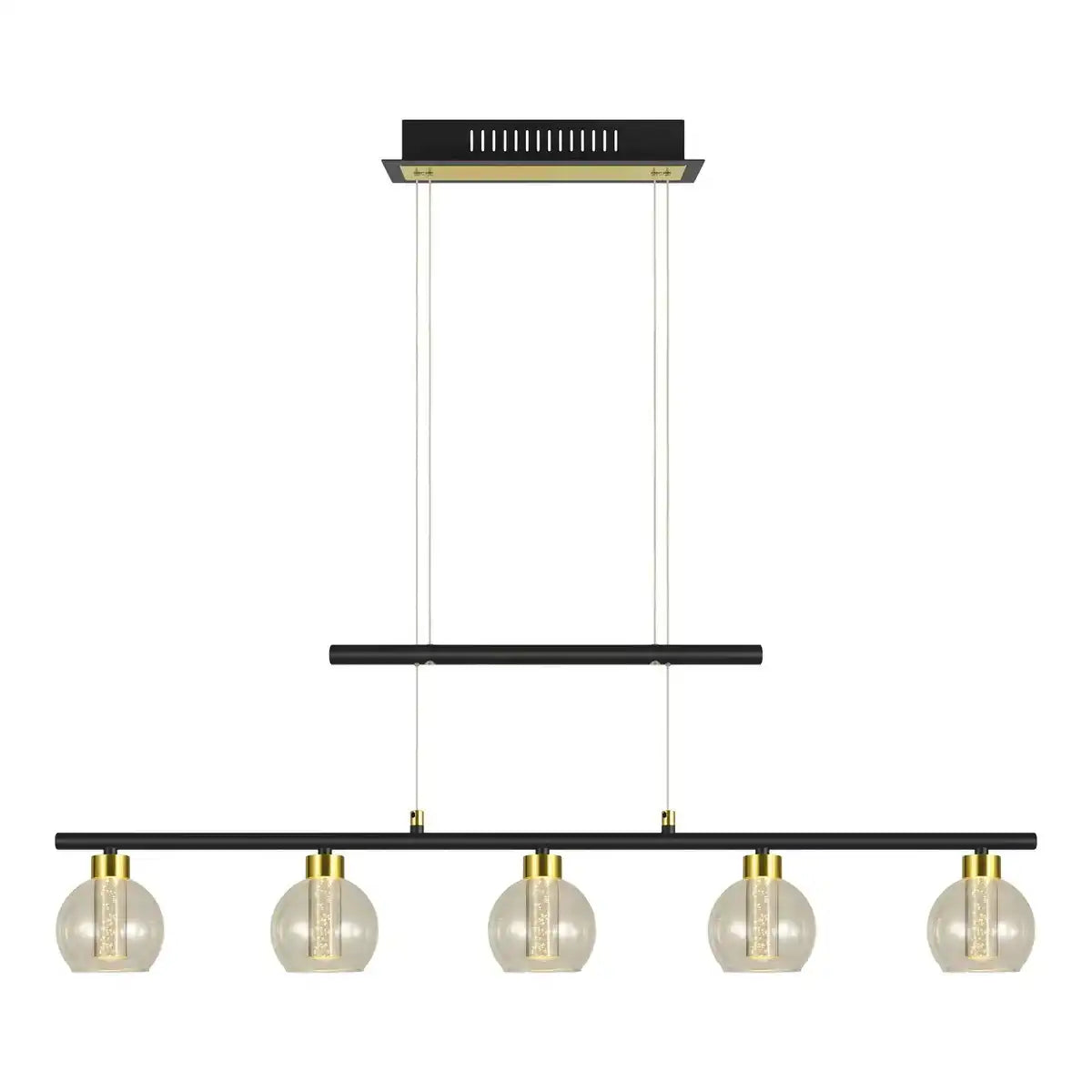 LED Glas-Pendelleuchte "BRASS" schwarz, klassisch, Hängelampe aus schwarzem Metall und Glas, mit fest verbauten LEDs, Beleuchtung für Wohnzimmer, Esszimmer oder Büro, 90 cm lang