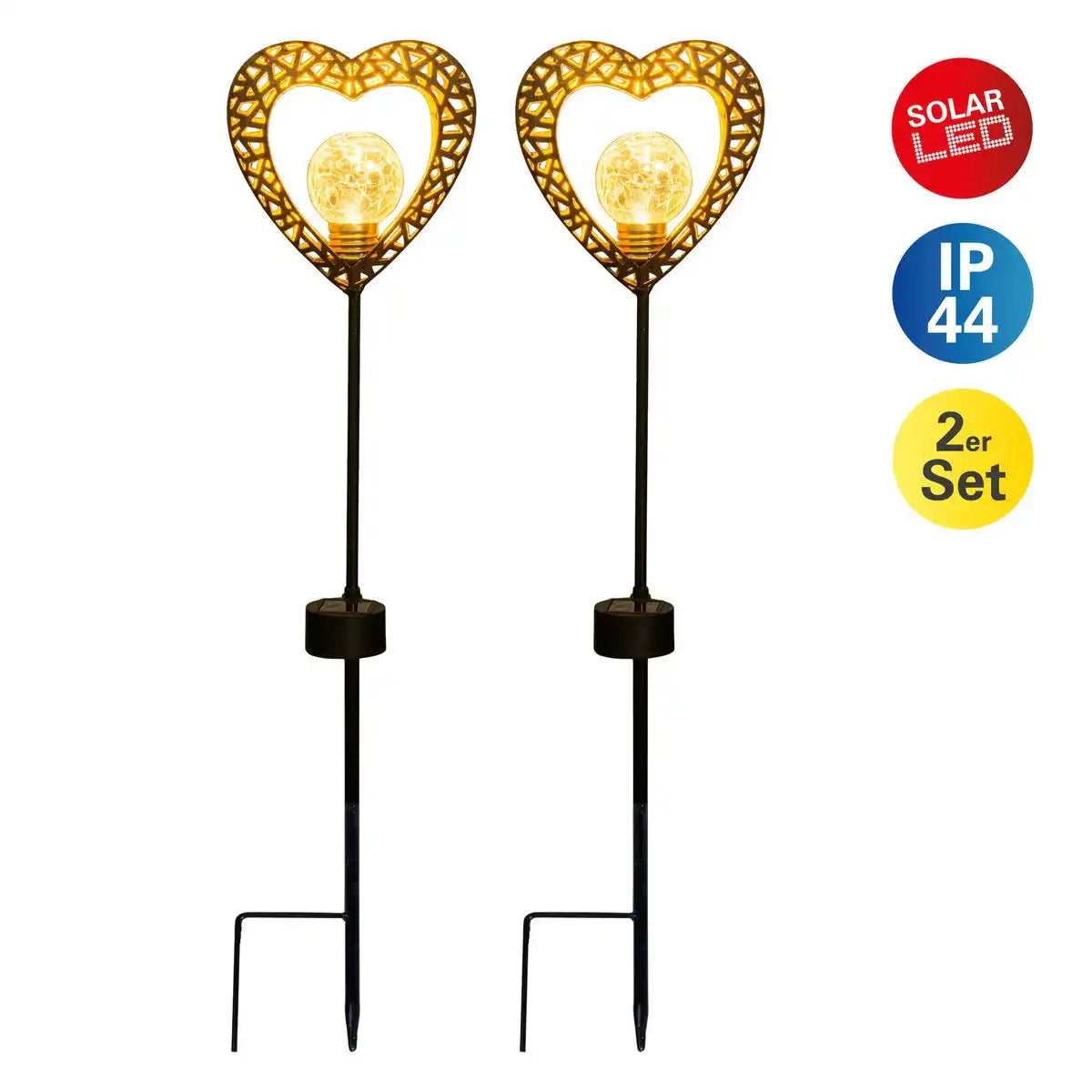 2er-Set LED-Solarleuchte "Herz" mit Erdspieß für Garten und Terrasse aus Metall in Schwarz, und Gold, mit fest verbauten LEDs, 59 cm hoch