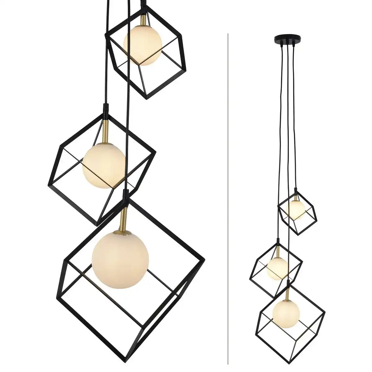 3-flammige Pendelleuchte "CADRE", Retro Pendellampe aus Metall und Glas in Schwarz, und Weiß mit G9-Fassung, insgesamt 147 cm hoch, für Wohnbereich und Büro.