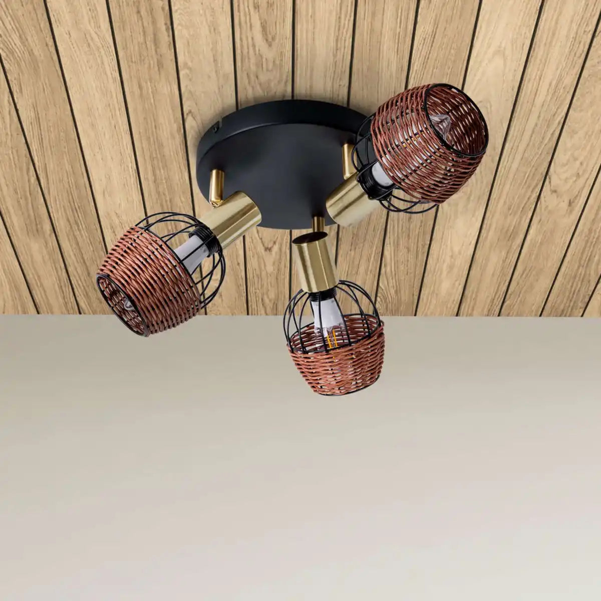 3er Deckenrondell "CORBIS", Spot aus Metall in Schwarz, mit Gold und Rattan, mit E14-Fassung, für Esszimmer, Wohnzimmer, Diele oder Büro, Beleuchtung für Wohnzimmer, Esszimmer oder Büro, 38 cm Durchmesser