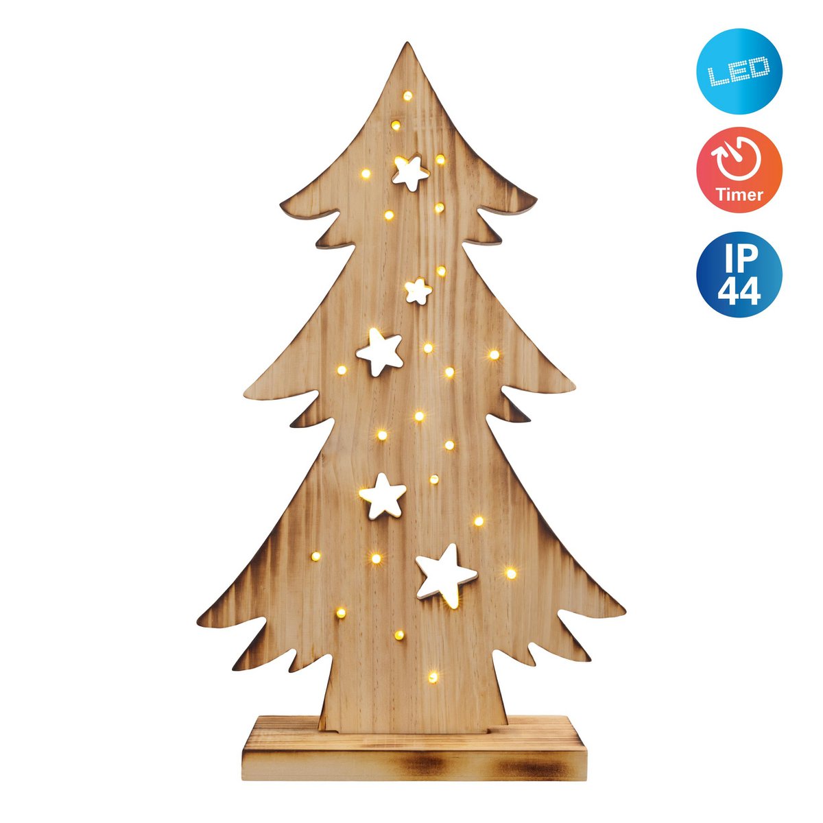 LED-Holz-Dekoleuchte "TANNENBAUM" klein, aus naturbelassenem Holz mit festverbauten LEDs, Weihnachtsdekoration für Außen