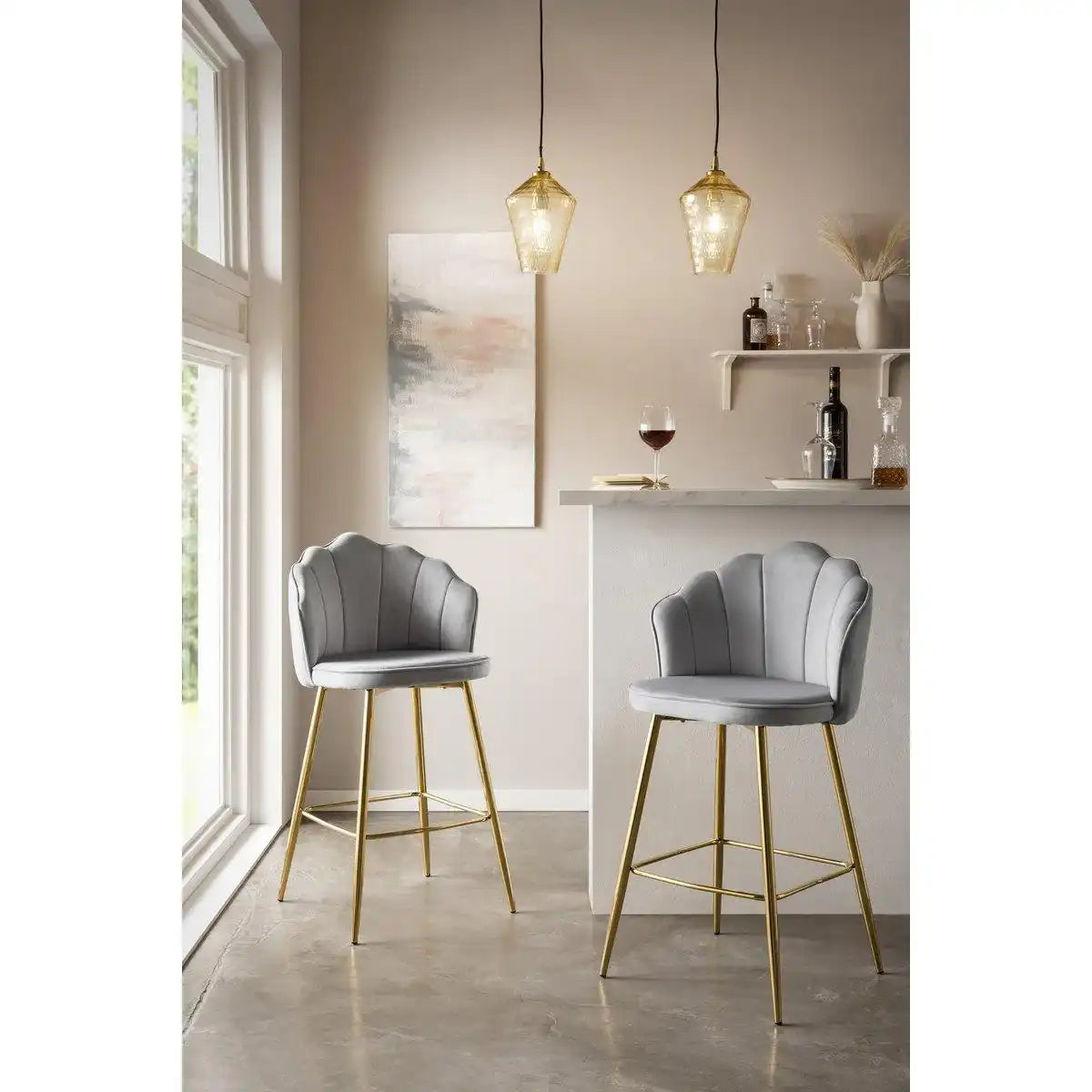 Barhocker Muscheldesign 2er Set aus Samt Hellgrau - HomeDesign Knaus