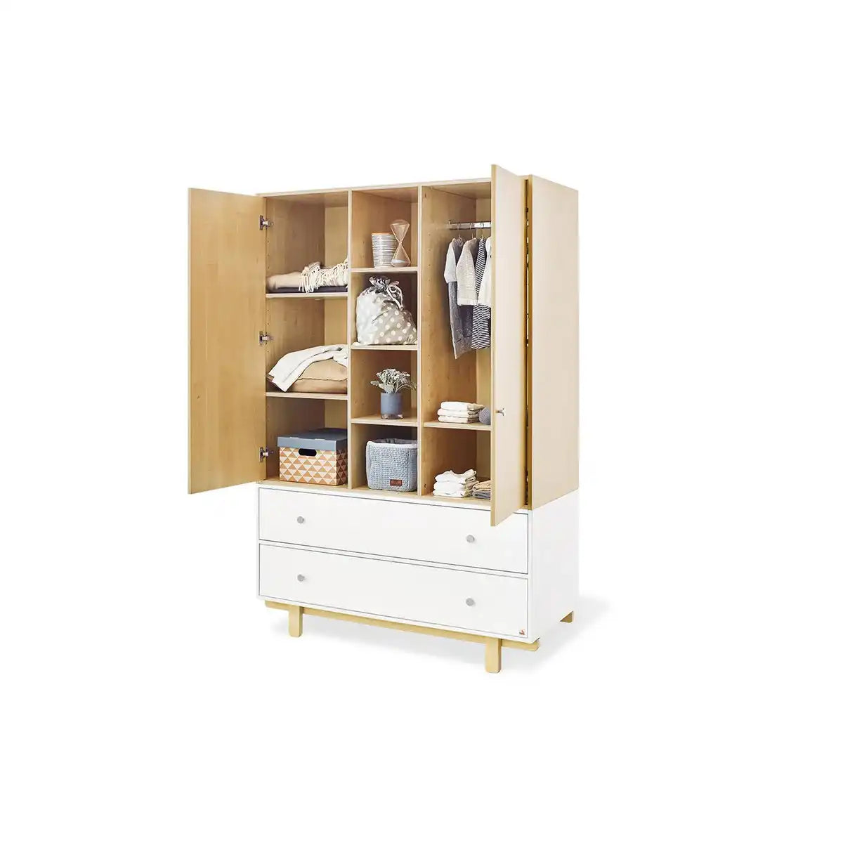 Baumschule 'Boks' breit groß
3-teilig: Kinderbett, breite Wickelkommode, großer Kleiderschrank - HomeDesign Knaus