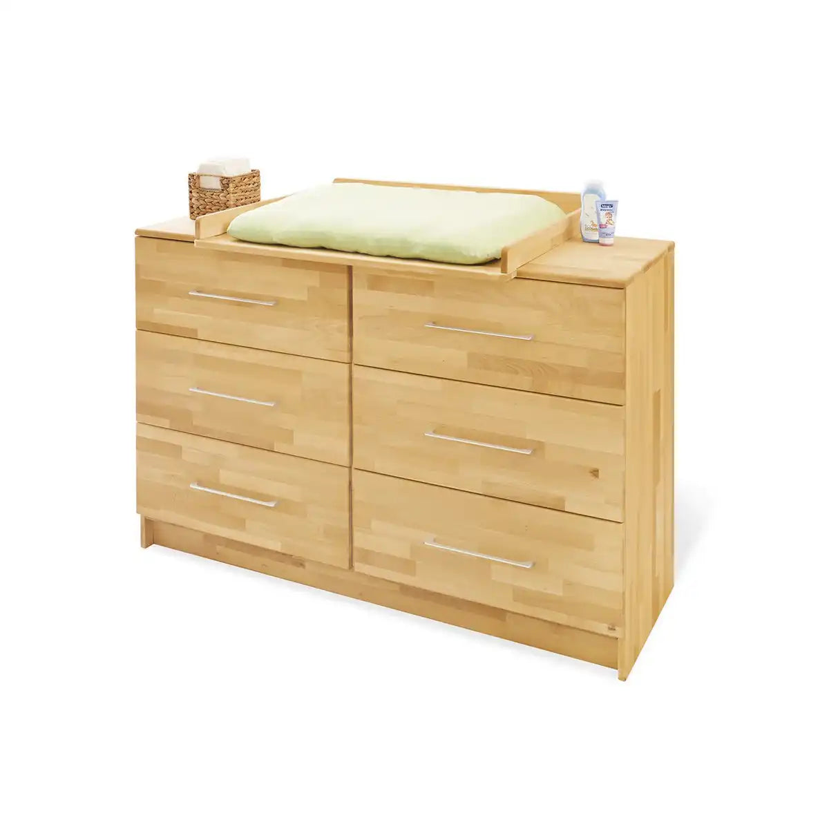 Baumschule 'Natura' extra breit
3-teilig: Kinderbett, extra breite Wickelkommode, 2-türiger Kleiderschrank - HomeDesign Knaus