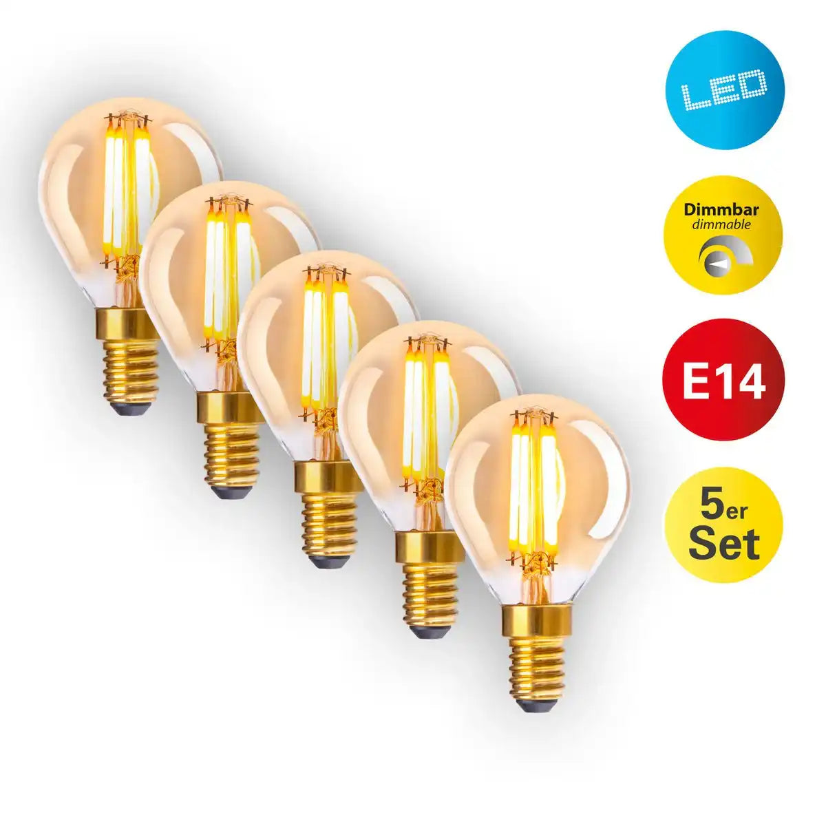 5er-Set LED Leuchtmittel mit E14-Fassung 4 Watt, aus Metall und Glas, amber