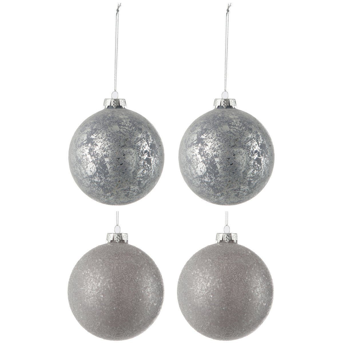 J-Line Weihnachtskugel Pailletten + Antik – Glas – Grau – 4er-Box