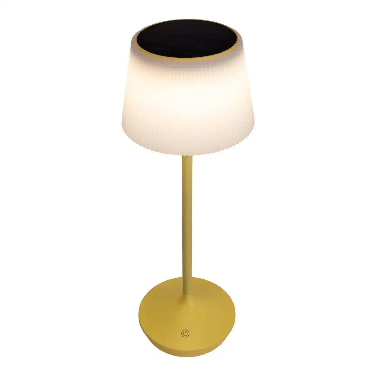 Solar-Akkutischleuchte "EMMI" 38 cm hoch, Schirm Ø 13 cm, Metall in Gelb und weißer Kunststoff, für den Außenbereich, dimmbar CCT.